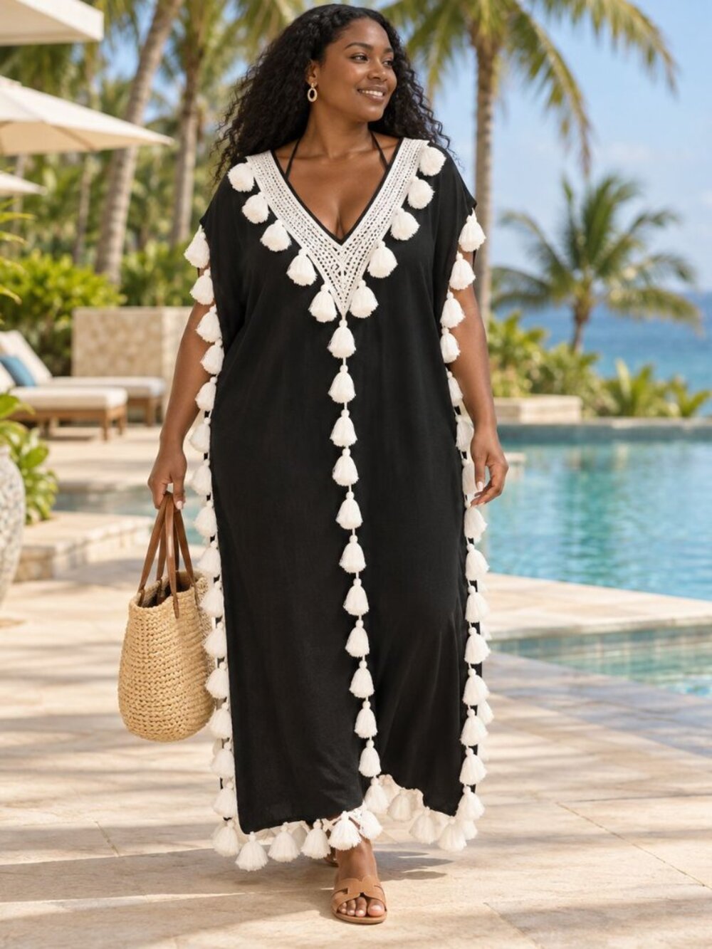 Black White Tassel Kaftan Cover Up XL Boho Coastal Beach Resort Maxi